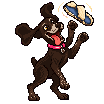 Birdie the dog, drawn in pixel art, waving her slipper in the backyard